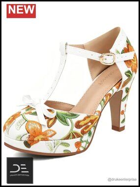 Women's PU Leather Bow Platform Pumps, T-Strap High Heels
